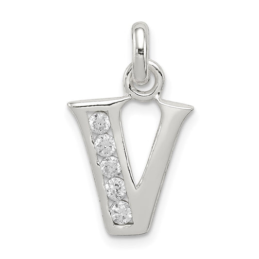 Sterling Silver White CZ Letter V Initial Pendant QC6716V