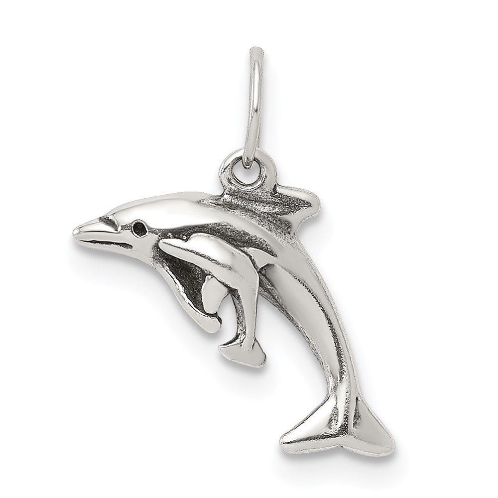 Sterling Silver Antiqued Dolphin w/Baby Charm QC6943