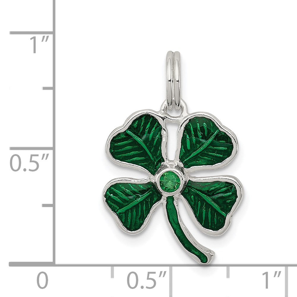 Sterling Silver Enameled 4-Leaf Clover with Green Glass Stone Charm QC6998