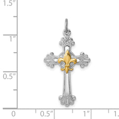 Sterling Silver Rhodium-plated & Gold-plated Cross & Fleur de lis Pendant QC7256