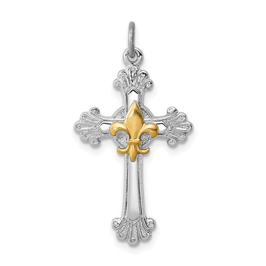Sterling Silver Rhodium-plated & Gold-plated Cross & Fleur de lis Pendant QC7256