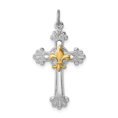 Sterling Silver Rhodium-plated & Gold-plated Cross & Fleur de lis Pendant QC7256