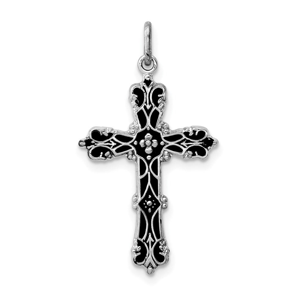 Sterling Silver Rhodium-plated with Black Epoxy Cross Pendant QC7260