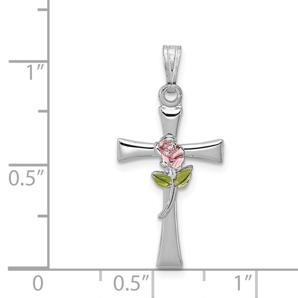 Sterling Silver Rhodium-plated Cross with Epoxy Rose Center Pendant QC7264