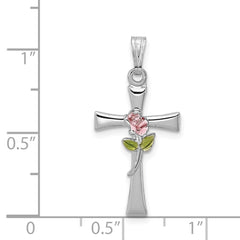 Sterling Silver Rhodium-plated Cross with Epoxy Rose Center Pendant QC7264