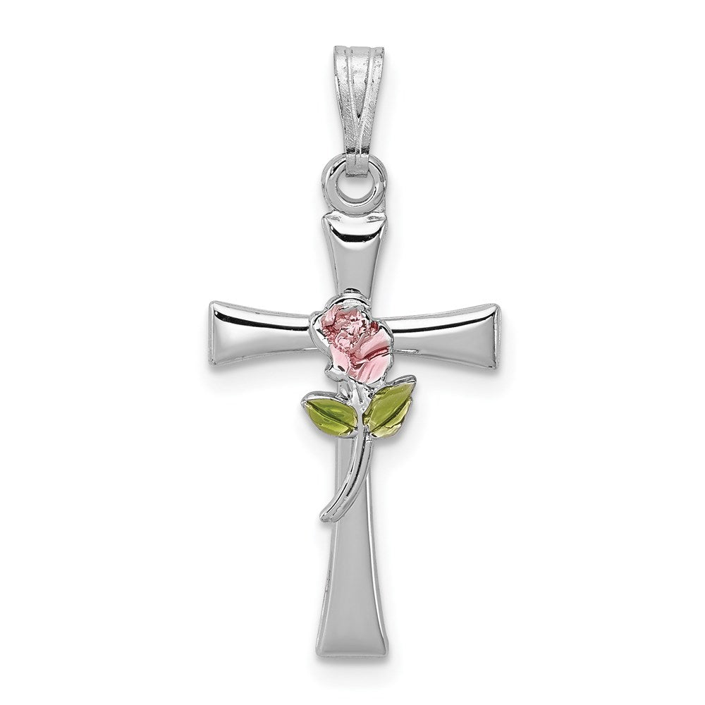 Sterling Silver Rhodium-plated Cross with Epoxy Rose Center Pendant QC7264