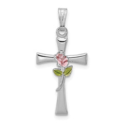 Sterling Silver Rhodium-plated Cross with Epoxy Rose Center Pendant QC7264