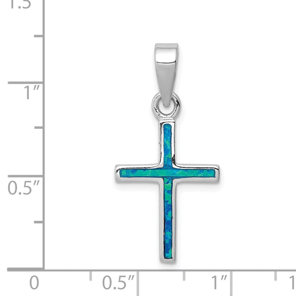 Sterling Silver Rhod-plated Blue Inlay Created Opal Thin Cross Pendant QC7267