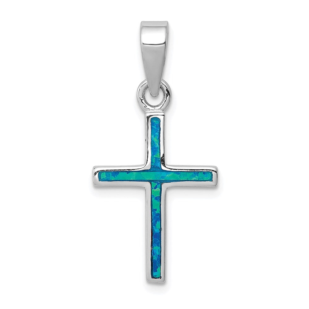 Sterling Silver Rhod-plated Blue Inlay Created Opal Thin Cross Pendant QC7267