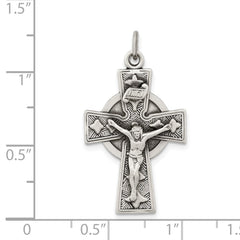 Sterling Silver Antiqued Satin Irish Crucifix Cross Pendant QC7346