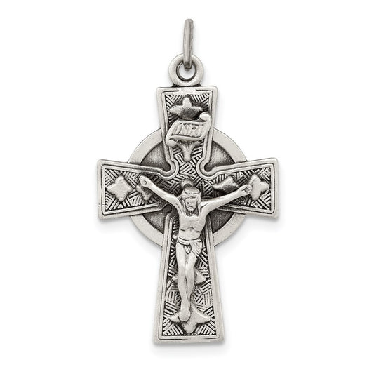 Sterling Silver Antiqued Satin Irish Crucifix Cross Pendant QC7346