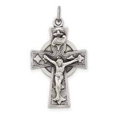 Sterling Silver Antiqued Satin Irish Crucifix Cross Pendant QC7346