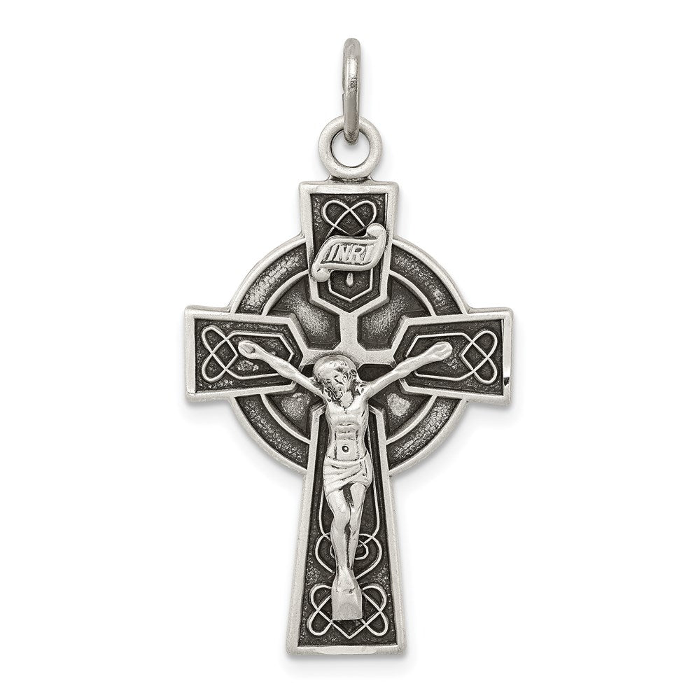 Sterling Silver Antiqued Satin Irish Crucifix Cross Pendant QC7347