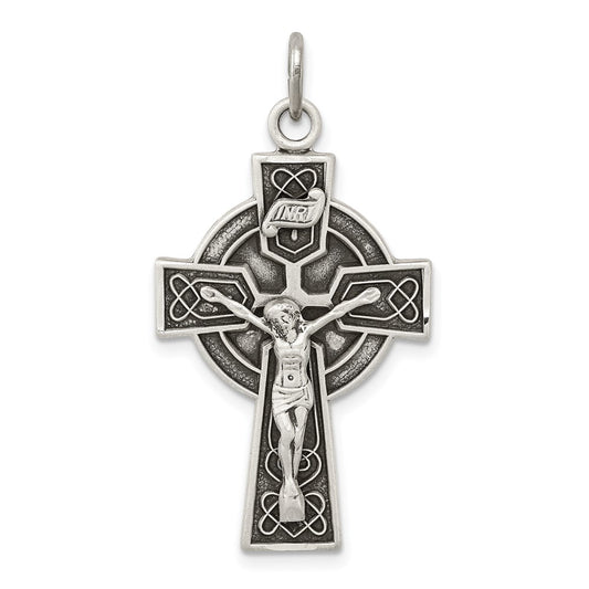 Sterling Silver Antiqued Satin Irish Crucifix Cross Pendant QC7347