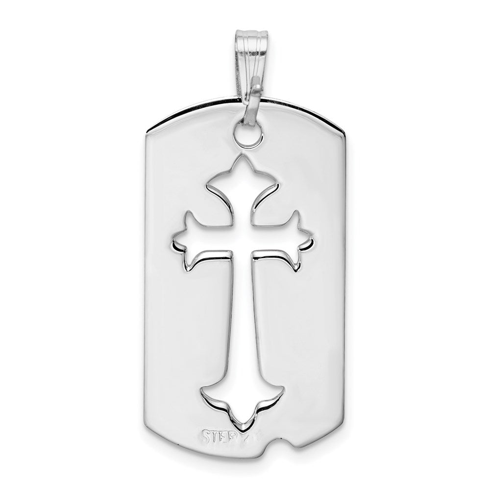 Sterling Silver Rhodium-plated Polished Dog Tag w/Cut out Cross Pendant QC7378