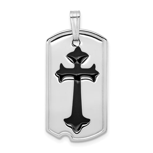 Sterling Silver Rhodium-plated Polished Black Epoxy Cross Dog Tag Pendant QC7379