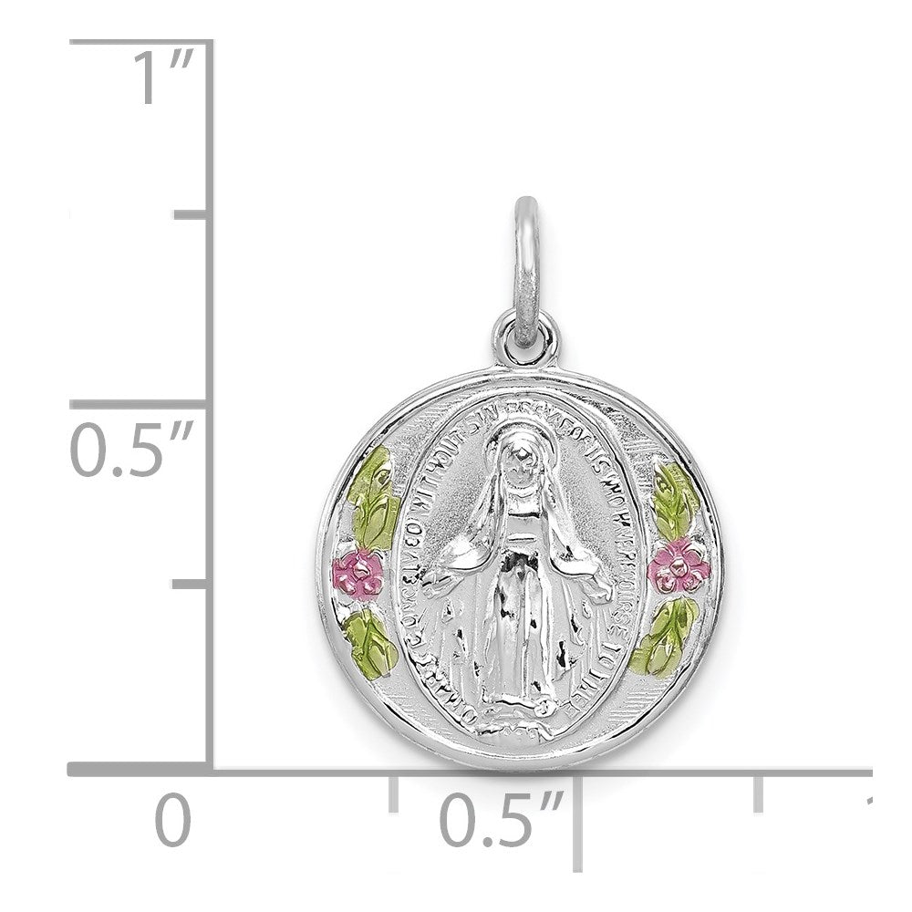 Sterling Silver Rhodium-plated Polished Epoxy Miraculous Medal Pendant QC7391