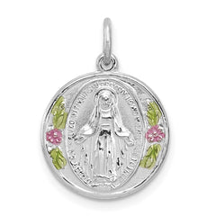 Sterling Silver Rhodium-plated Polished Epoxy Miraculous Medal Pendant QC7391