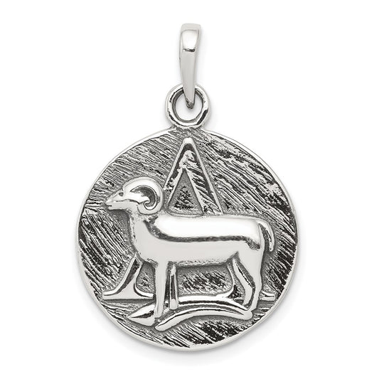 Sterling Silver Polished Antique Finish Aries Horoscope Zodiac Pendant QC7412