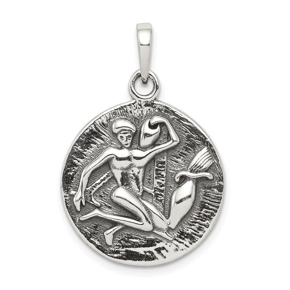 Sterling Silver Polished Antique Finish Aquarius Horoscope Zodiac Pendant QC7422