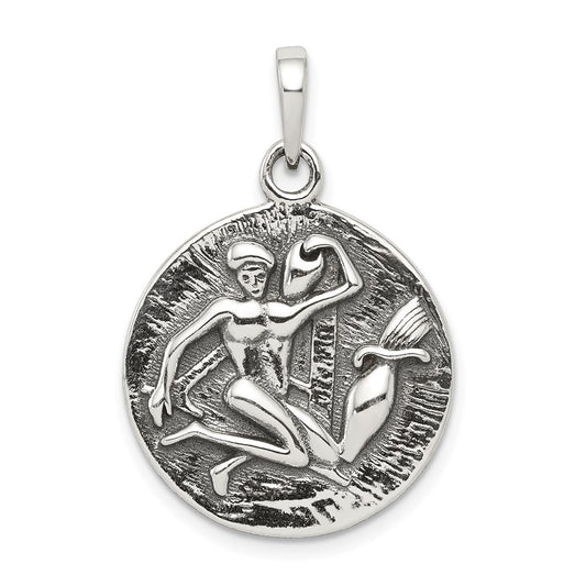 Sterling Silver Polished Antique Finish Aquarius Horoscope Zodiac Pendant QC7422