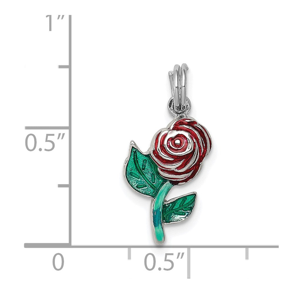 Sterling Silver Rhodium-plated Green and Red Enamel Rose Charm QC7546