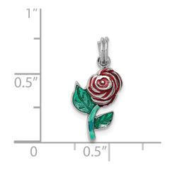 Sterling Silver Rhodium-plated Green and Red Enamel Rose Charm QC7546