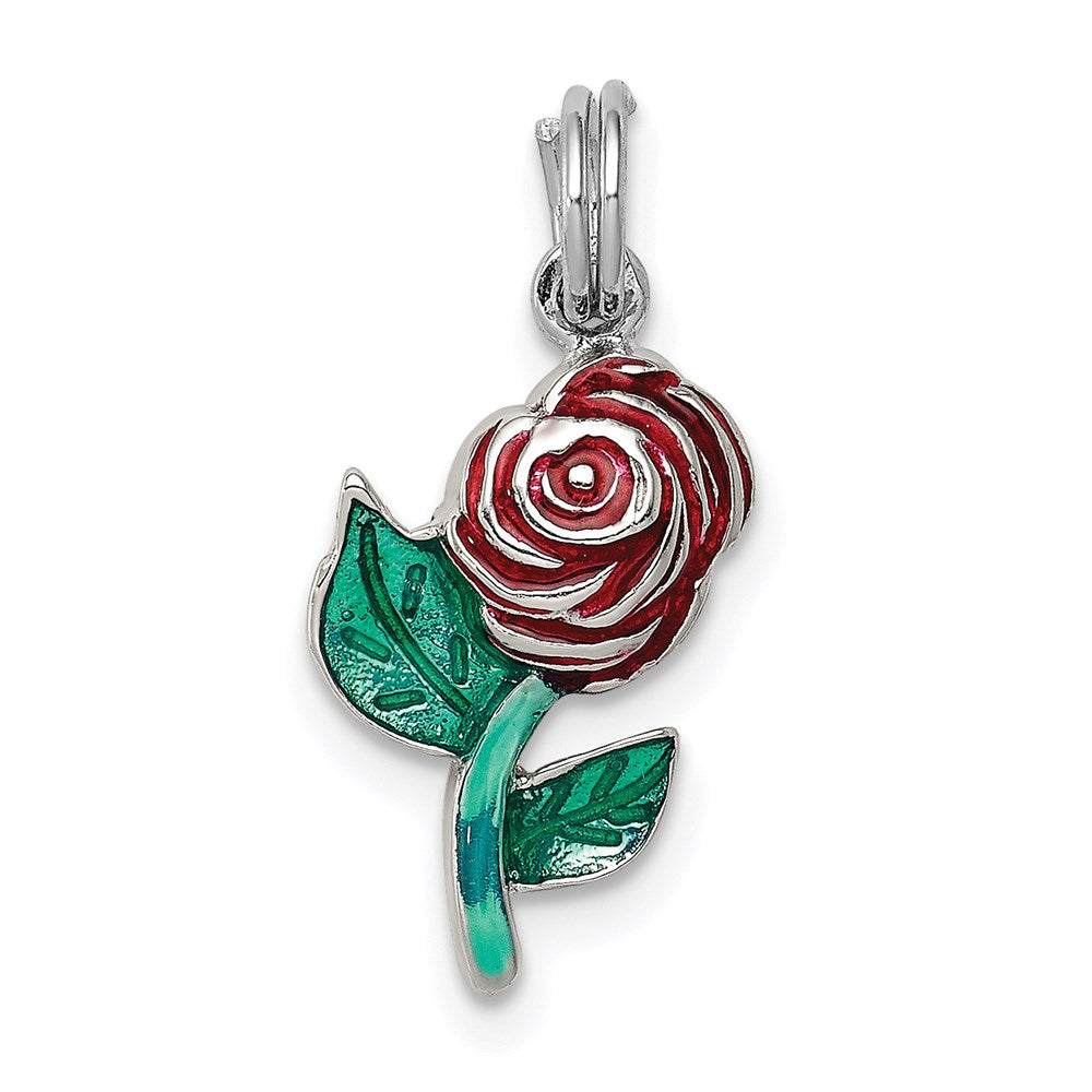 Sterling Silver Rhodium-plated Green and Red Enamel Rose Charm QC7546