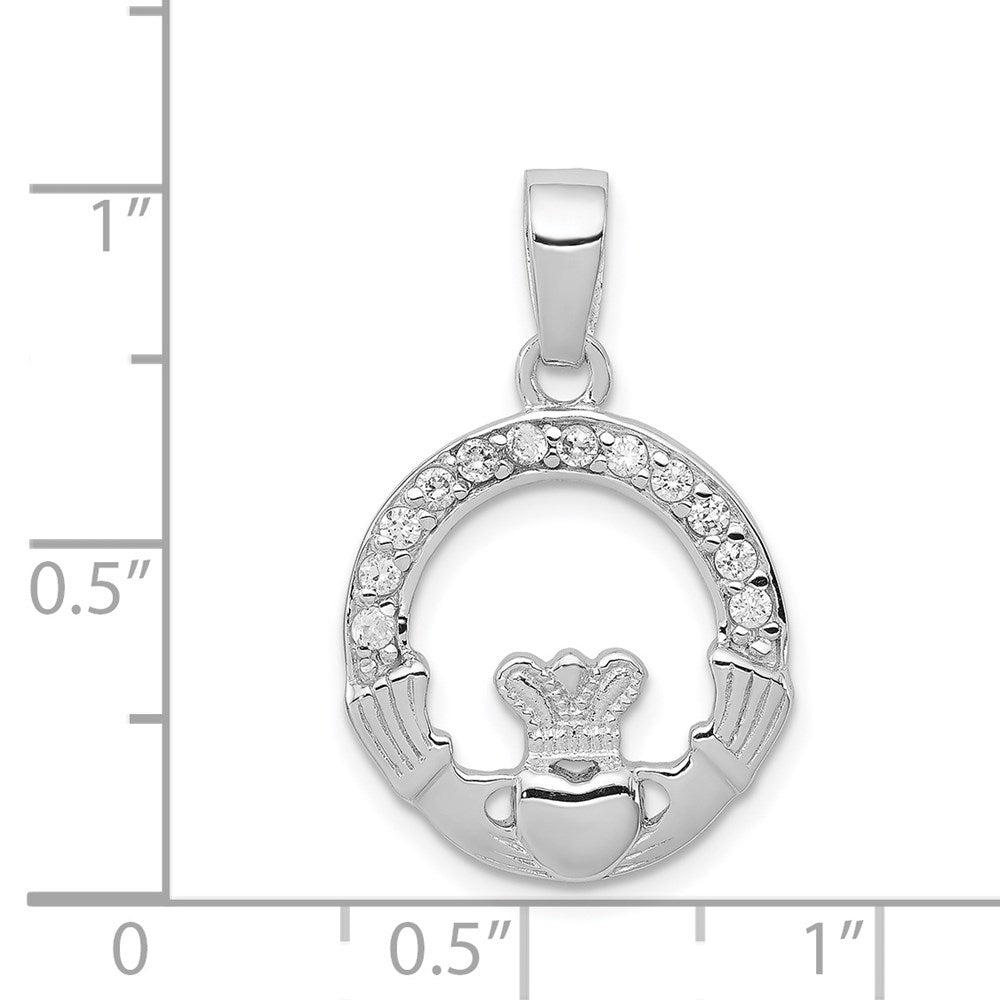 Sterling Silver Rhodium Plated CZ Claddagh Pendant QC7622
