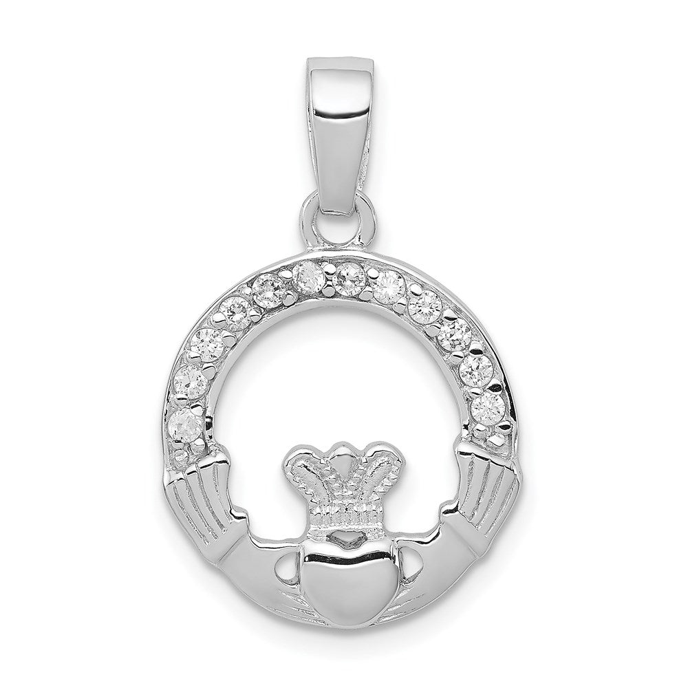 Sterling Silver Rhodium Plated CZ Claddagh Pendant QC7622