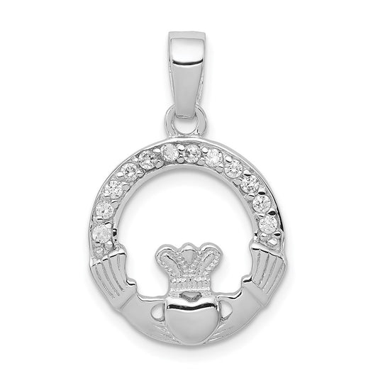 Sterling Silver Rhodium Plated CZ Claddagh Pendant QC7622