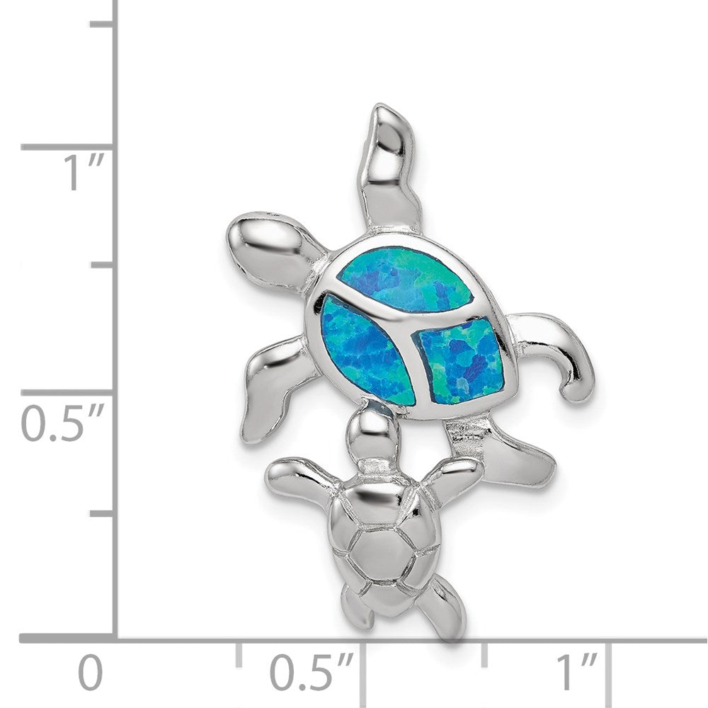 Sterling Silver Rhodium-plated Polished Blue Inlay Created Opal Turtle Slide QC7682
