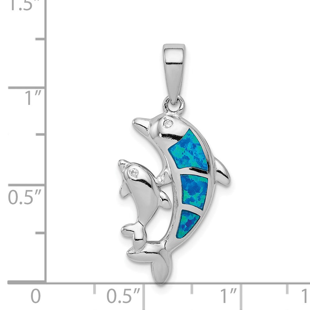 Sterling Silver Rhodium-plated Blue Inlay Created Opal Dolphin Pendant QC7683