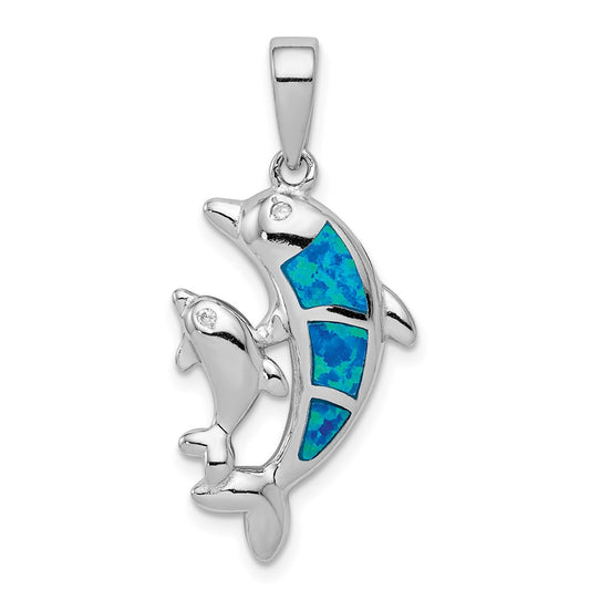 Sterling Silver Rhodium-plated Blue Inlay Created Opal Dolphin Pendant QC7683