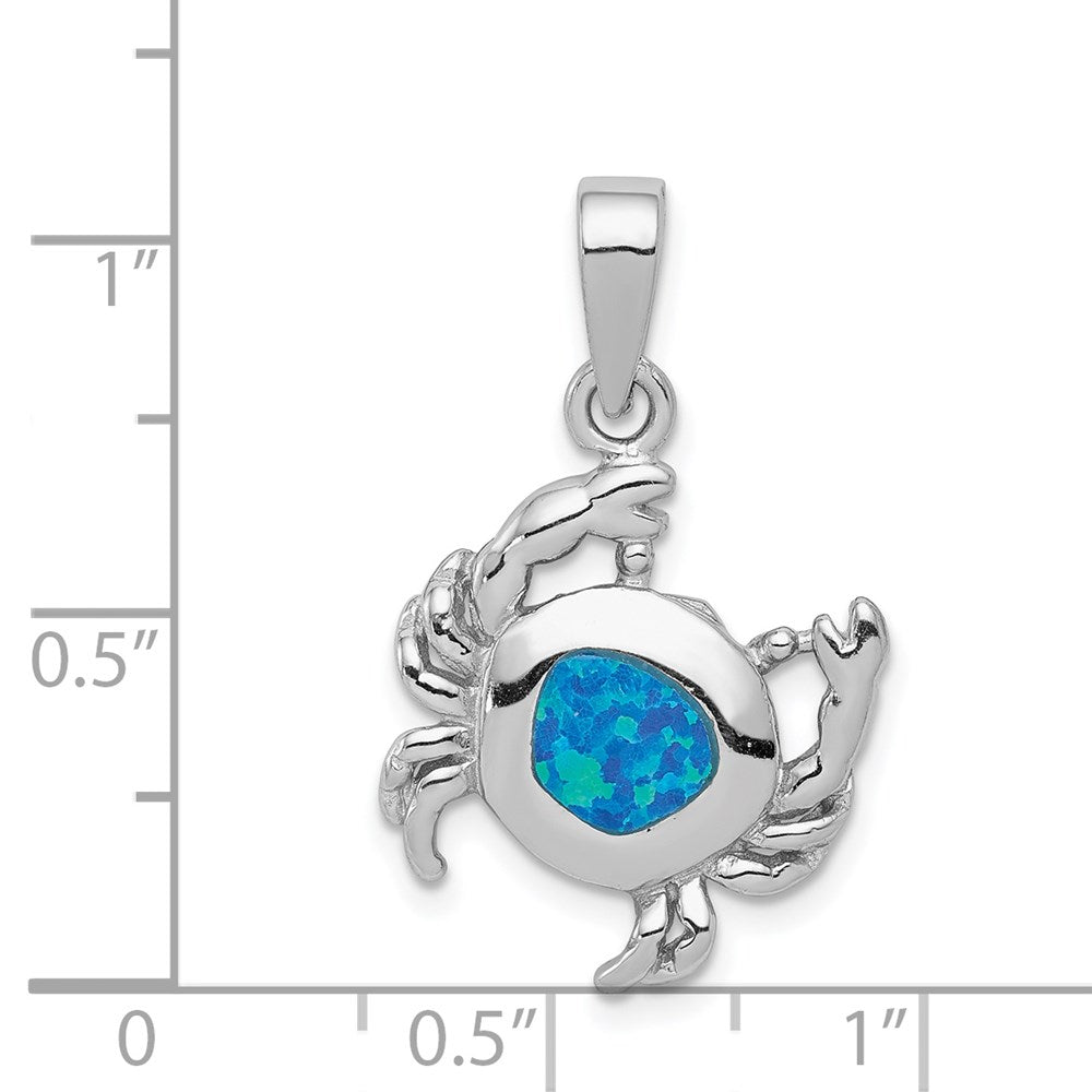 Sterling Silver Rhodium-plated Blue Inlay Created Opal Crab Pendant QC7685