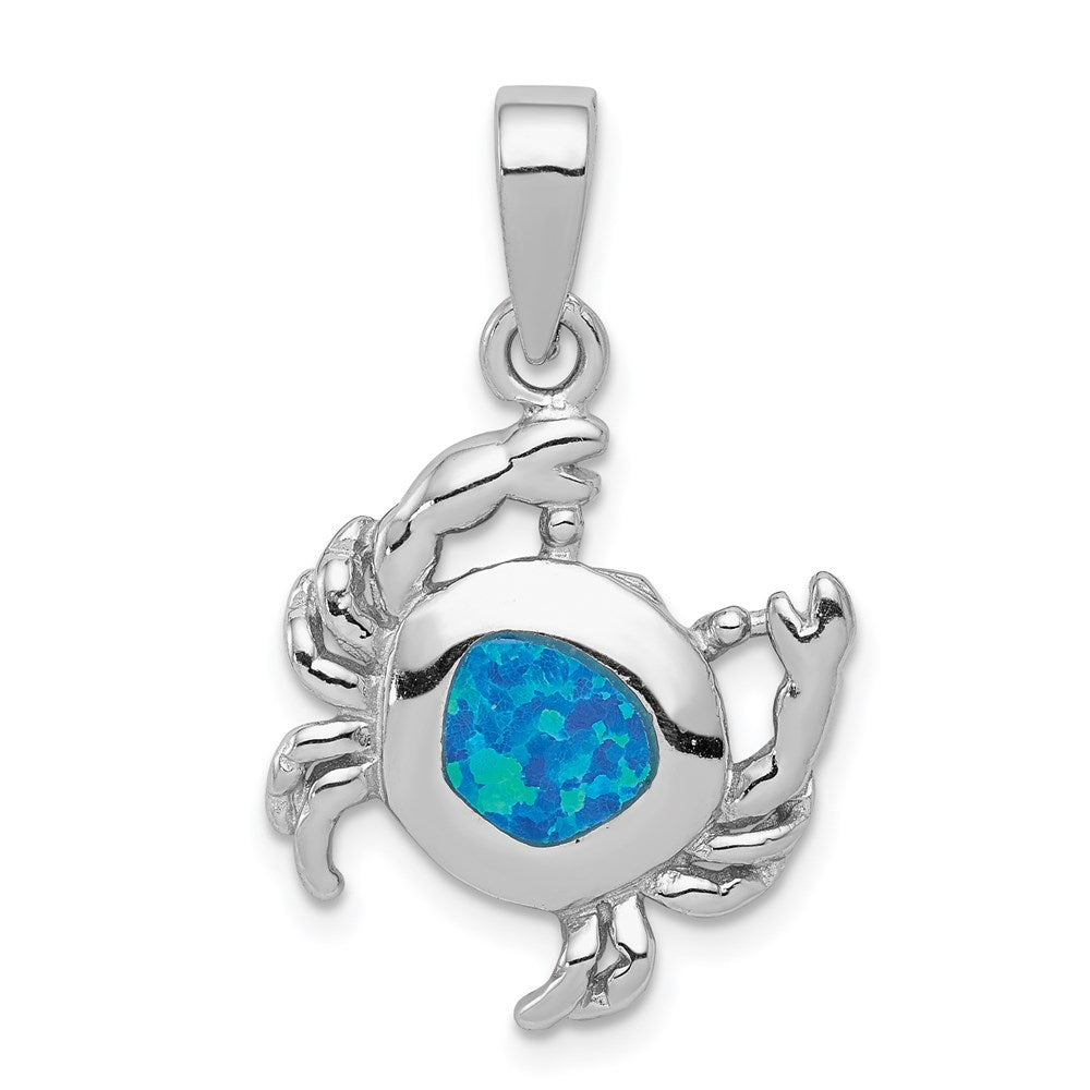 Sterling Silver Rhodium-plated Blue Inlay Created Opal Crab Pendant QC7685