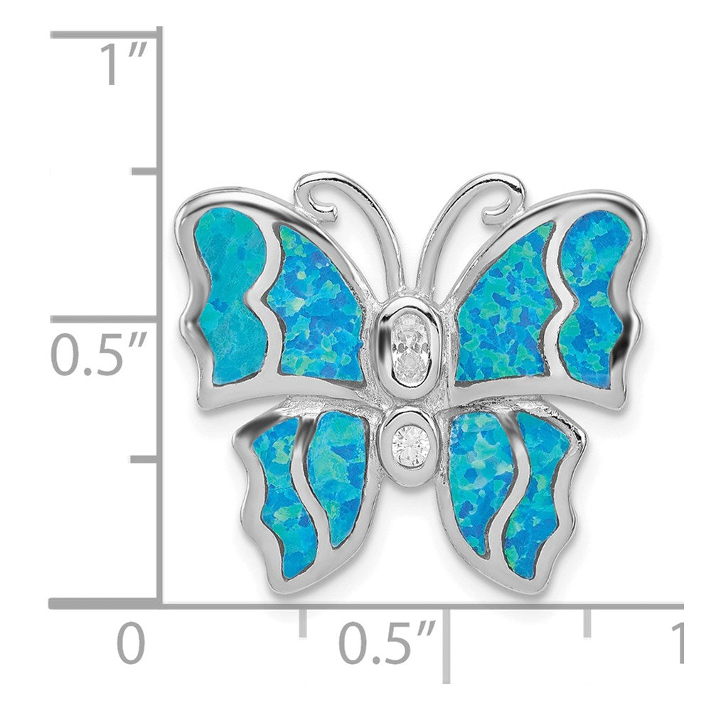 Sterling Silver Rhod plated Blue Inlay Creat Opal Butterfly Pendant QC7687