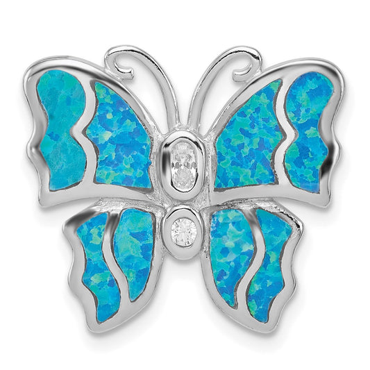 Sterling Silver Rhod plated Blue Inlay Creat Opal Butterfly Pendant QC7687