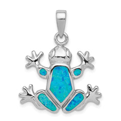 Sterling Silver Rhodium-plated Blue Inlay Created Opal Frog Pendant QC7688