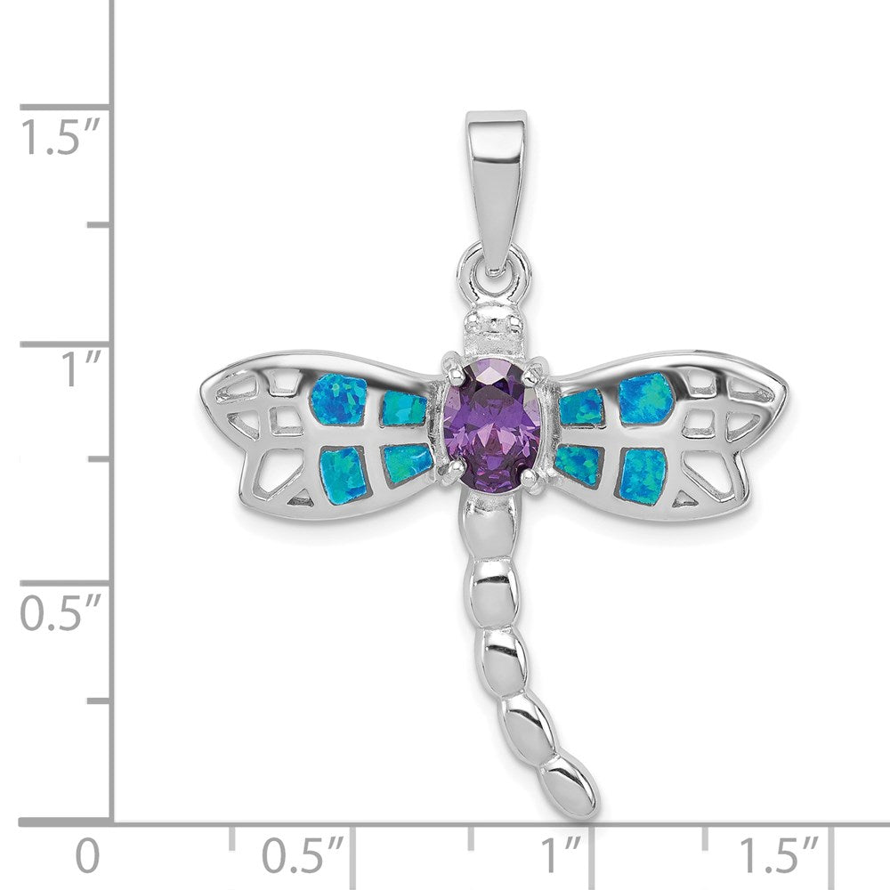 Sterling Silver Rhod plated Creat. Opal Dragonfly Amethyst Pendant QC7689