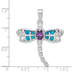 Sterling Silver Rhod plated Creat. Opal Dragonfly Amethyst Pendant QC7689