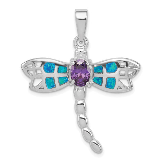 Sterling Silver Rhod plated Creat. Opal Dragonfly Amethyst Pendant QC7689