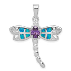 Sterling Silver Rhod plated Creat. Opal Dragonfly Amethyst Pendant QC7689