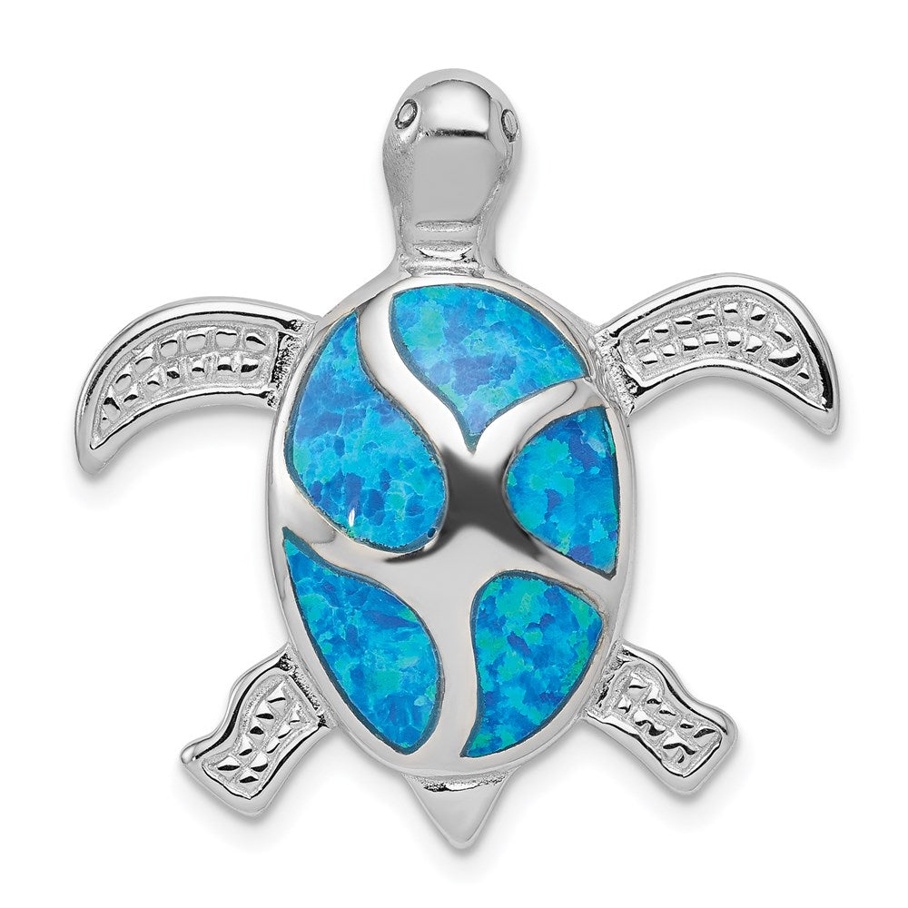 Sterling Silver Rhodium-plated Blue Inlay Created Opal Turtle Pendant QC7690