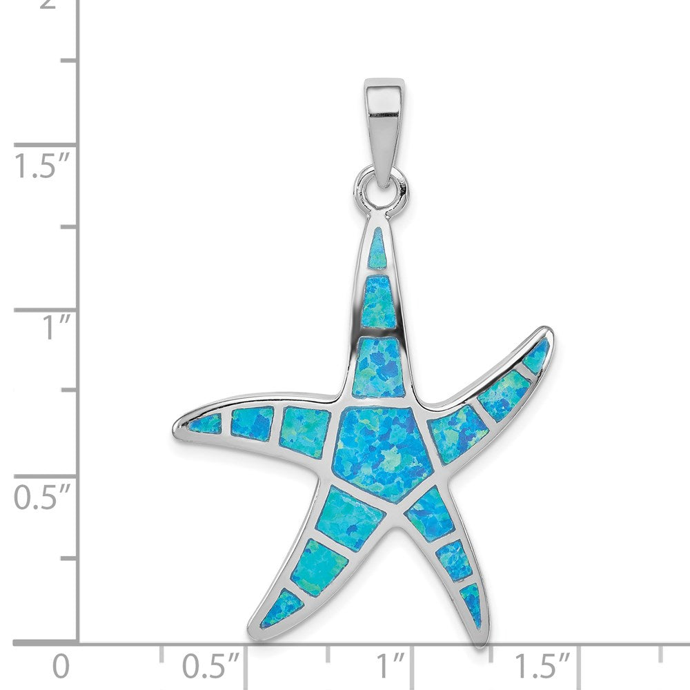 Sterling Silver Rhodium-plated Blue Inlay Created Opal Starfish Pendant QC7691