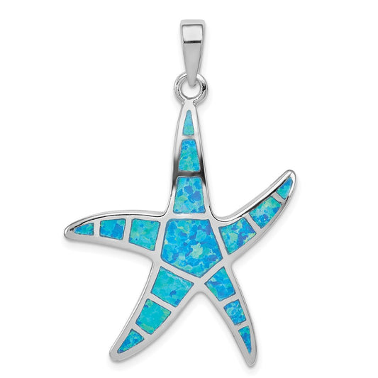 Sterling Silver Rhodium-plated Blue Inlay Created Opal Starfish Pendant QC7691