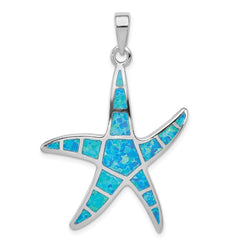 Sterling Silver Rhodium-plated Blue Inlay Created Opal Starfish Pendant QC7691