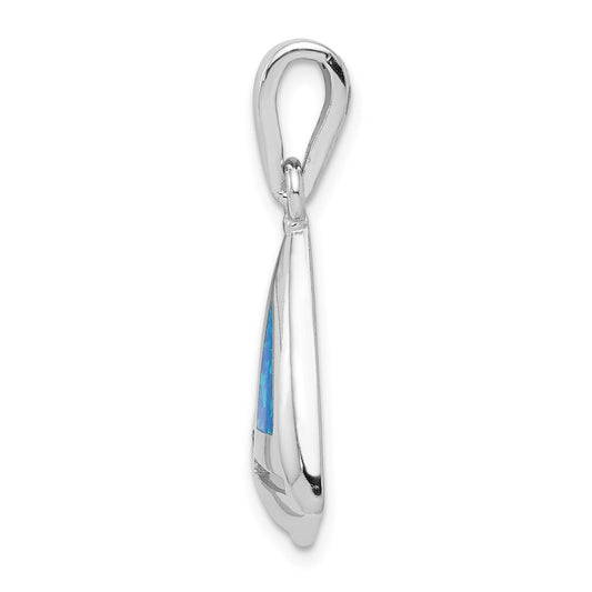 Sterling Silver Rhodium-plated Blue Inlay Created Opal Sailboat Pendant QC7696