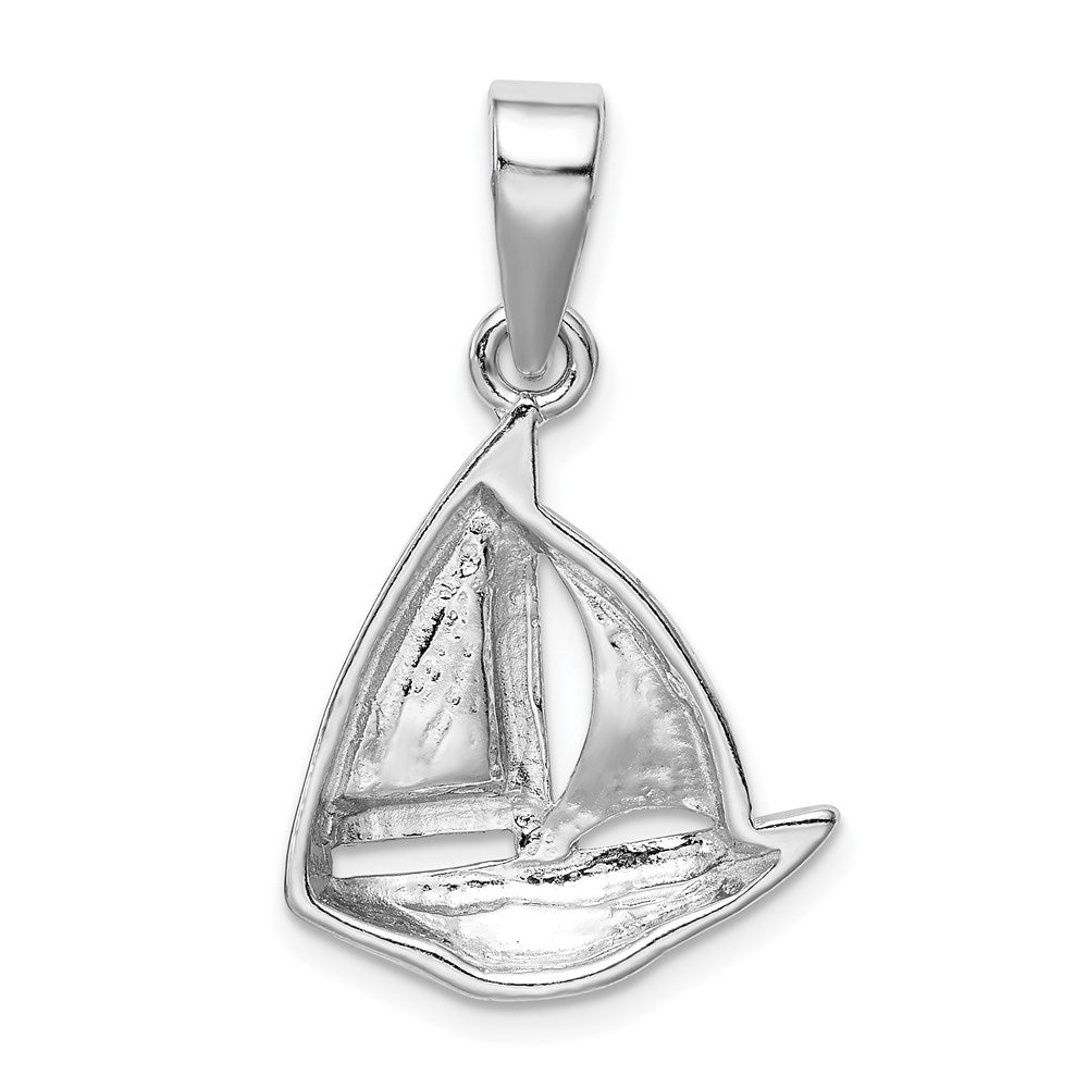 Sterling Silver Rhodium-plated Blue Inlay Created Opal Sailboat Pendant QC7696
