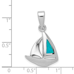 Sterling Silver Rhodium-plated Blue Inlay Created Opal Sailboat Pendant QC7696